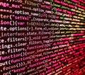 Code on dark background. Abstract computer script source code. Matrix byte of binary data rian code running abstract background in Royalty Free Stock Photo