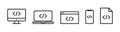 Code device icons. Code html device signs. Program computer, laptop, smartphone, coding icons. Coding browser sign. Stock vector