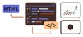 Code editor with HTML, coding tags, and digital signature icon representing web development processes Royalty Free Stock Photo