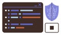 Code editor with colored lines, shield for security and rectangular fingerprint scan concept Royalty Free Stock Photo
