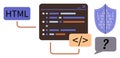 Code Editor with HTML, Debugging Icon, and Cybersecurity Shield Representing Web Development Themes Royalty Free Stock Photo