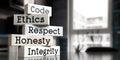 Code, ethics, respect, honesty, integrity - words on wooden blocks