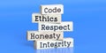 Code, ethics, respect, honesty, integrity - words on wooden blocks