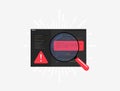 Code inspection - uncovers errors in programming scripts through red magnifying lens and warning alert triangle Royalty Free Stock Photo