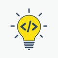 Code lightbulb concept. A lightbulb with code symbols inside, signifying an idea or inspiration related to programming Royalty Free Stock Photo