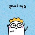 Code and play hand drawn vector illustration in cartoon style. Happy programmer