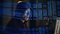 Code projection hacker breaking system at night room closeup. Cyber attacker Royalty Free Stock Photo