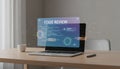 Code review interface projecting from laptop on desk Royalty Free Stock Photo