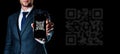 Code scan icon. Digital mobile smart phone with qr code scanner on smartphone screen for payment pay, scan barcode Royalty Free Stock Photo