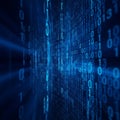 Code streams in neon blue across a dark background, creating a Royalty Free Stock Photo