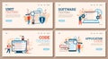 Code testing banners set for software programing, cartoon vector illustration.