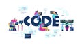 Code typographic header with tiny people programming - flat vector illustration isolated on white background. Royalty Free Stock Photo