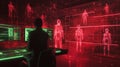 A coder analyzes data in futuristic interface with holographic figures in a dimly lit room Royalty Free Stock Photo