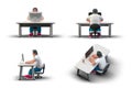 Coder Programmer sitting at Table with Desktop Computer Monitor typing coding 3D rendering illustration front side back isometric