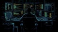 Programmer at Multiple Monitors Displaying Code, Dark Environment, Cybersecurity Concept Royalty Free Stock Photo