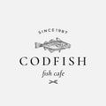 Codfish Abstract Vector Sign, Symbol or Logo Template. Hand Drawn Cod Fish with Classy Retro Typography. Fork and Knife