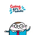 Coding for adults hand drawn vector illustration in cartoon style. Programmer in suit