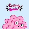 Coding brain hand drawn vector illustration in cartoon style. Cute organ glasses