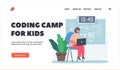 Coding Camp for Kids Landing Page Template. Little Girl with Laptop near Blackboard with Formulas, Child Education
