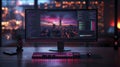 Coding and Cityscape Showcased in Evening Light