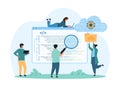 Coding with digital cloud platform, tiny people study software code with magnifying glass