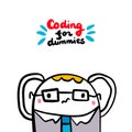 Coding for dummies hand drawn vector illustration in cartoon style. Beginner