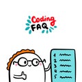 Coding faq information hand drawn vector illustration in cartoon style. Programmer short list