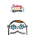 Coding genius hand drawn vector illustration in cartoon style. Programmer in glasses stars