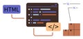 Web Development Process with HTML, Code Editor, and Structured Data Representation Royalty Free Stock Photo