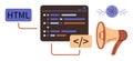 Coding Interface with HTML, Programming Tags, Atomic Icon, and Megaphone Graphic Royalty Free Stock Photo