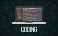 Coding laptop concept on binary background. Programming desktop and matrix backdrop. Monitor with program code. Mobile