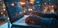 Coding on laptop with keyboard illumination and night city lights theme Royalty Free Stock Photo