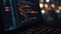 Coding on laptop screen in dark room at night Royalty Free Stock Photo
