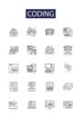 Coding line vector icons and signs. coding, development, software, engineering, debugging, computing, algorithm Royalty Free Stock Photo