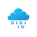 Coding logo. Blue cloud isolated vector icon with binary code as precipitation . Data storage logotype on white background
