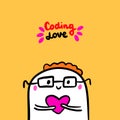 Coding love hand drawn illustration in cartoon style. Man programmer holding heart