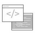 Coding Mastery. Dual IDE Windows Unleash Programming Power. IDE windows with code. Coding environment symbol. Dual IDE interface