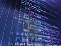 IT coding on monitor screen. Programming, webdesign HTML printed code. Close up of random computer code comprised of numbers and Royalty Free Stock Photo