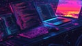 Coding multiple screens displaying neon cyberpunk technology Royalty Free Stock Photo