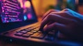 Coding in Neon Hands on Keyboard Lit by Digital Glow Programming a Software for the Future Royalty Free Stock Photo