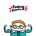 Coding power hand drawn vector illustration in cartoon style. Programmer strong