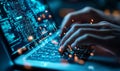 A coding programmer working on a laptop, circuit board, and virtual JavaScript screen - Software Development, Digital Royalty Free Stock Photo