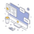 Coding programming with a computer and design elements for web development isometric line art Royalty Free Stock Photo