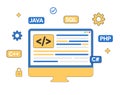 Coding and programming concept background with computer screen and multiple floating shapes, java, Royalty Free Stock Photo