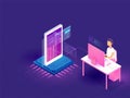 Coding and programming concept, isometric smartphone with processor chip, analyst or developer working on desktop on blue Royalty Free Stock Photo