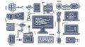 Coding and programming doodle icons. Algorithm scheme to develop software. Computer monitor with code on screen, laptop Royalty Free Stock Photo