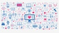 Coding and programming icons. Software development algorithm scheme. Computer monitor, laptop, microcircuit chip and Royalty Free Stock Photo