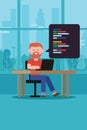 Coding programming script man with beard t-shirt sitting working on laptop on table