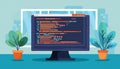 coding and programming software on window computer screen concept, vector flat design illustration Royalty Free Stock Photo