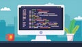 coding and programming software on window computer screen concept, vector flat design illustration Royalty Free Stock Photo